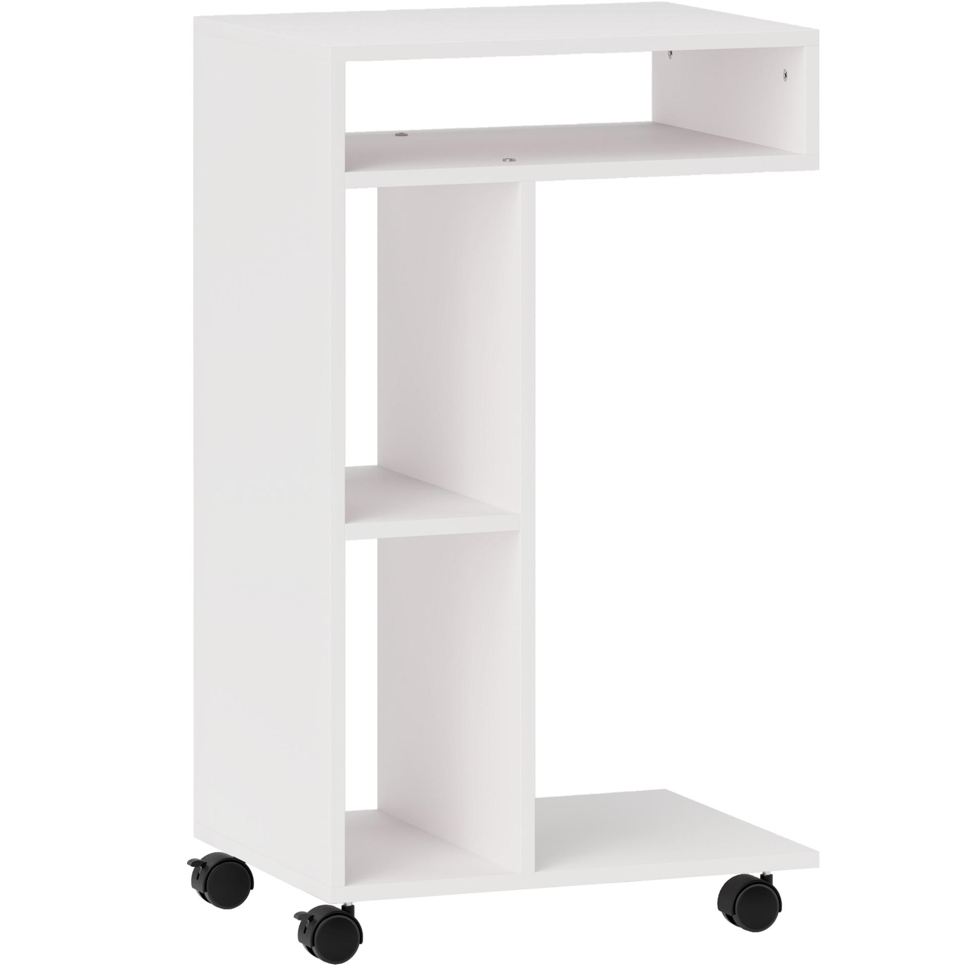 BEISTELLTISCH C-förmig mit 3 Fächern und Rollen 40 x 30 x 69 cm Weiß - Weiß, Metall (40/30/69cm) - Meubliv