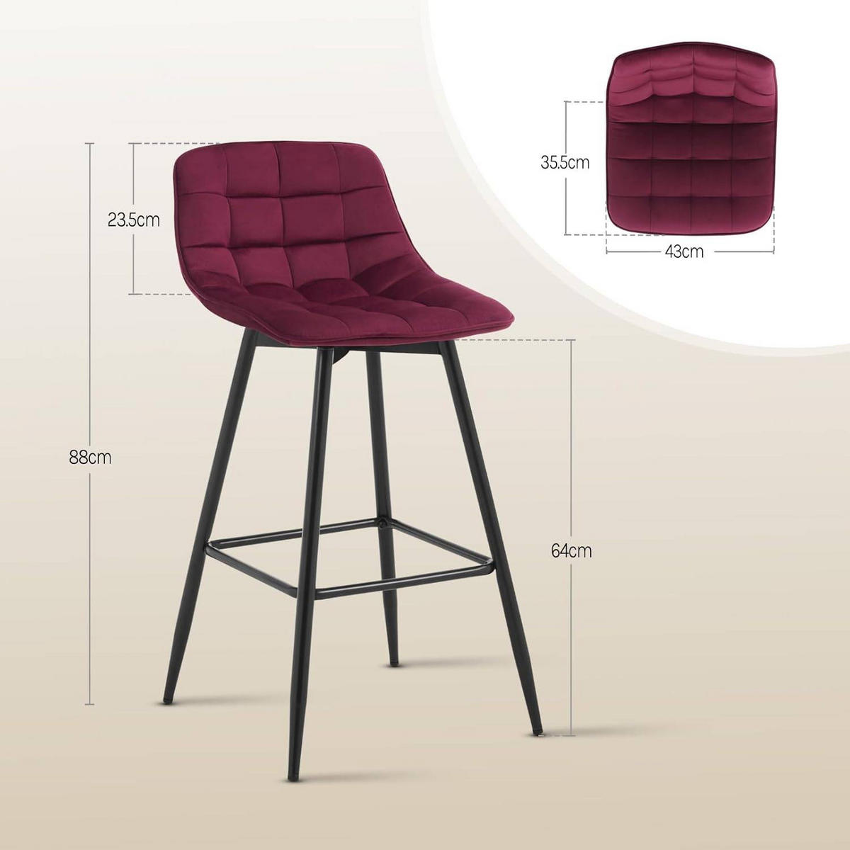 BARHOCKER 4er Set, Fußstütze, Samt, Bordeaux - Bordeaux/Schwarz, Textil/Metall (43/88/35.5cm) - Woltu