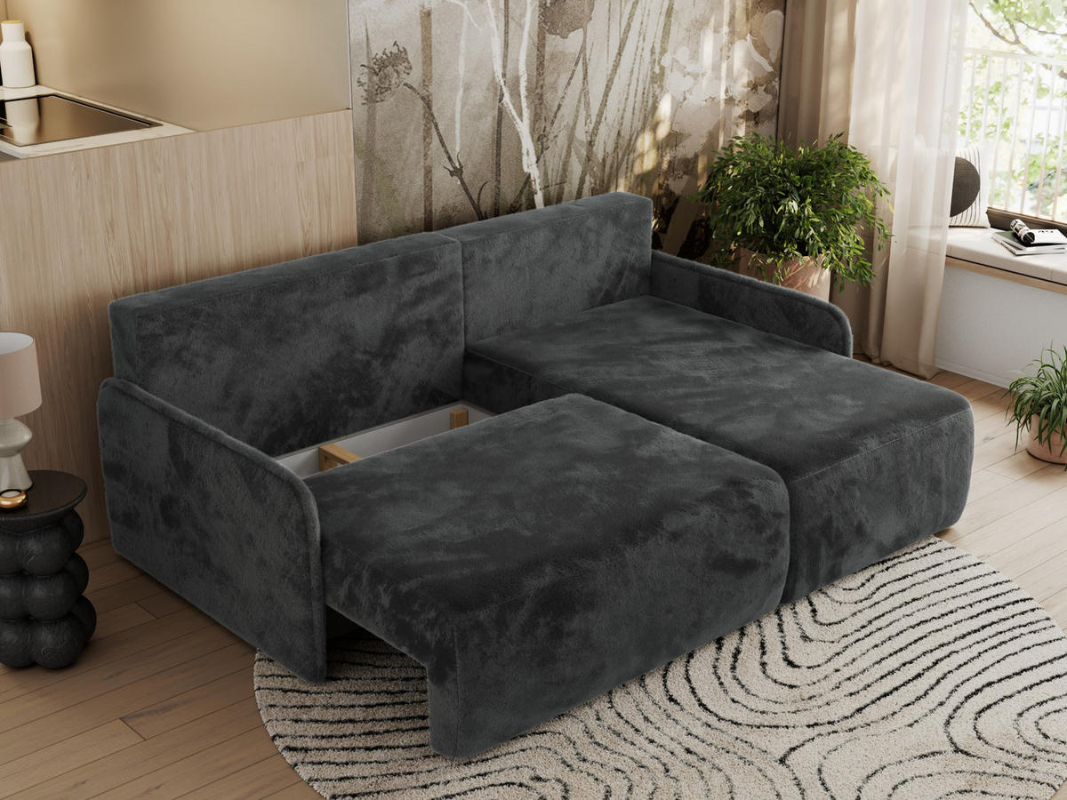 ECKSCHLAFSOFA ARPA L Dunkelgrau Plüsch - rechts - Dunkelgrau/Schwarz, Kunststoff/Textil (150/198cm) - MKS