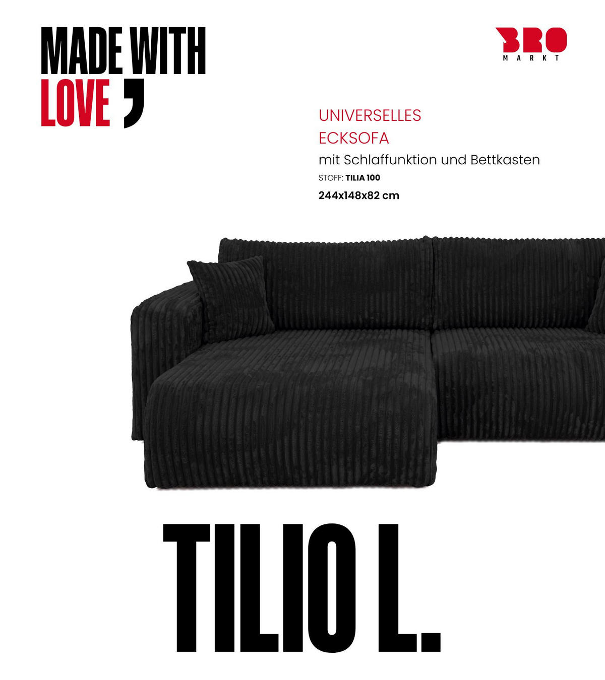 ECKSOFA mit Schlaffunktion TILIO Schwarz - Schwarz, Textil (244/148cm) - Bromarkt