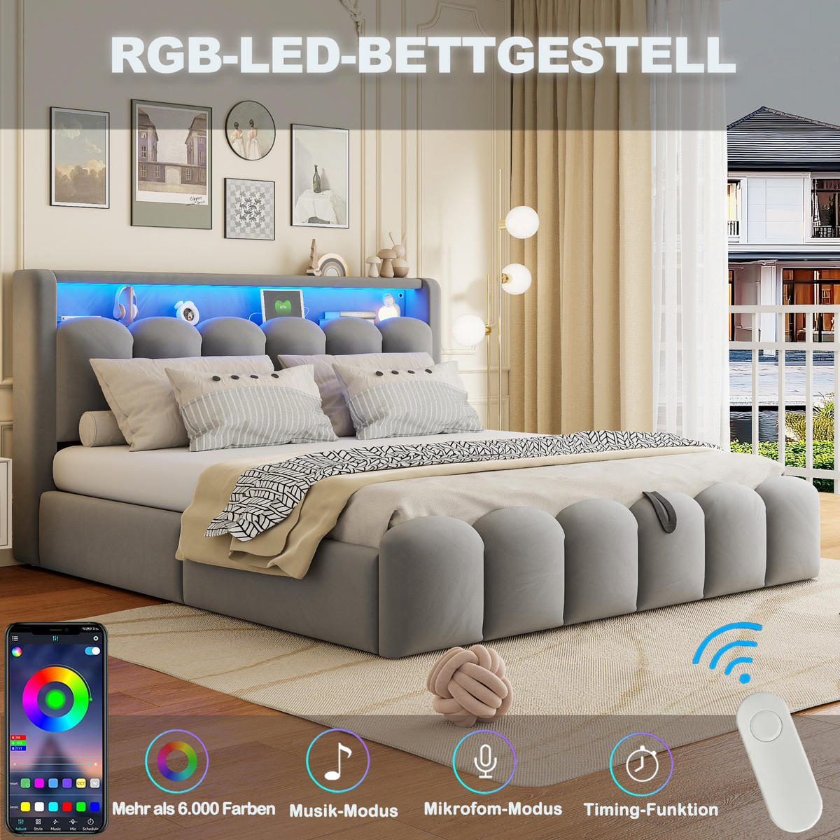ČALÚNENÁ posteľ 180/200 cm s LED osvetlením, USB a Type-C portmi, hydraulickým úložným priestorom a zamatovým poťahom, Sivá - sivá, textil (180/200cm) - Redom