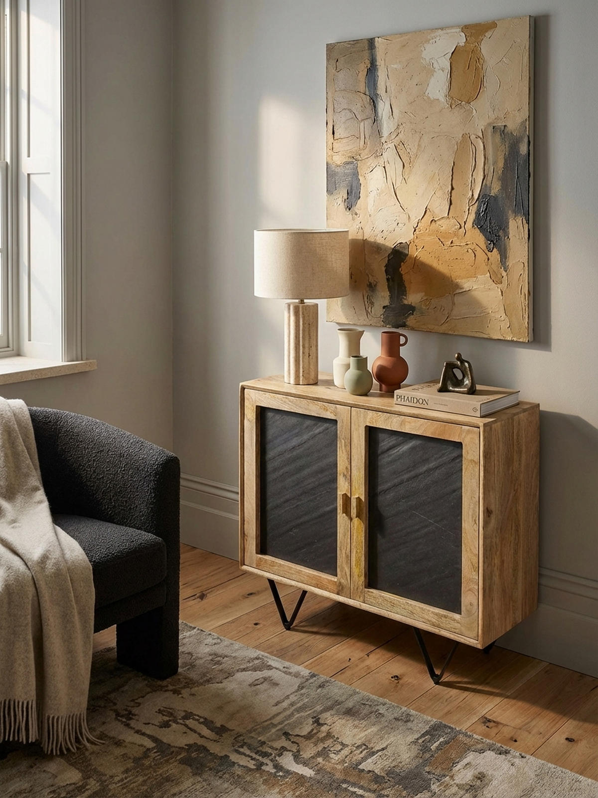 SIDEBOARD – Mangoholz, 80x75x35 cm, mit Stauraum, anthrazitfarbene Türen - Schwarz/Braun, Holz/Metall (80/75/35cm) - KADIMA DESIGN