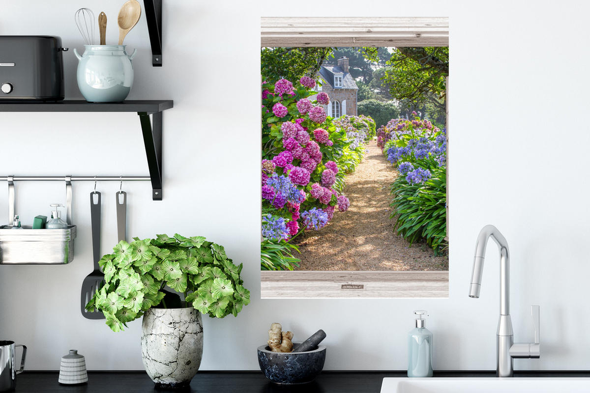 WANDTATTOO Hortensie - Fensterblick - Blumen - Sommer - Lila - Weg 40x60 cm - Lila, Kunststoff (40/60/0.1cm) - MuchoWow