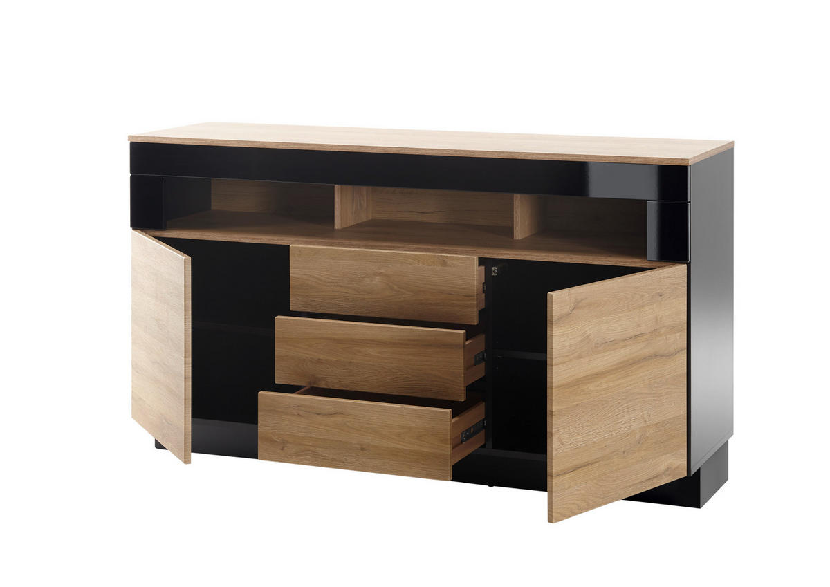 SIDEBOARD M14 Schwarz Hochglanz & Grandson Oak hell 149/85/43 cm mittel - Schwarz Hochglanz/Eichefarben, Holzwerkstoff (149/85/43cm) - Livojo