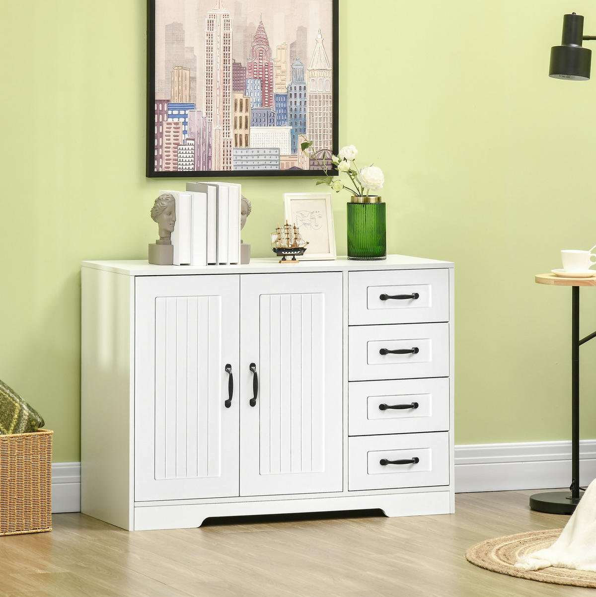 SIDEBOARD 105/40/76 cm aus MDF mit 4 Schubladen, verstellbarem Einlegeboden und Kippschutz, Weiß - Weiß, Holzwerkstoff (105/76/40cm) - Redom