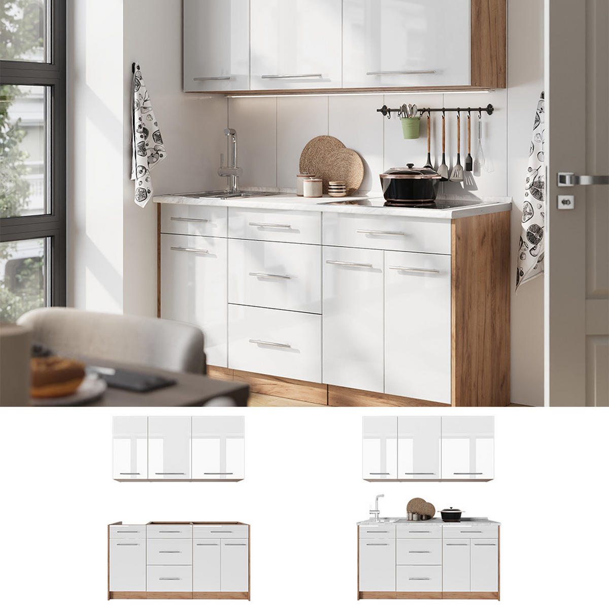 SAMOSTATNÁ KUCHYŇA Fame-Line, Biely vysoký lesk/Dub Goldkraft, 150 cm, AP Marble - biela s vysokým leskom/dub medový, kompozitné drevo (150/82/60cm) - Vicco