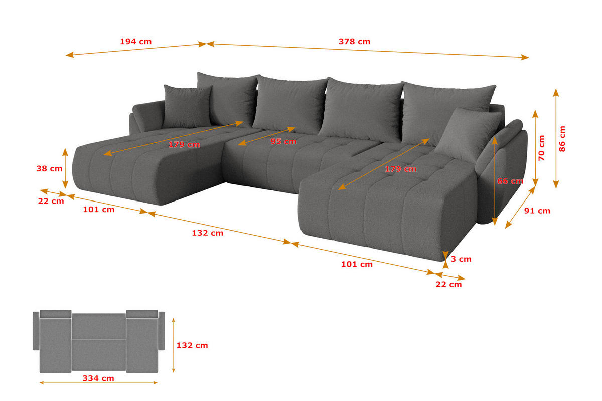 SEDACÍ SOUPRAVA DO U s funkcí spaní a úložným prostorem TOKO-U 378x194x86 šedá bouclé - šedá/černá, kompozitní dřevo/textil (378/86/194cm) - ALTDECOR
