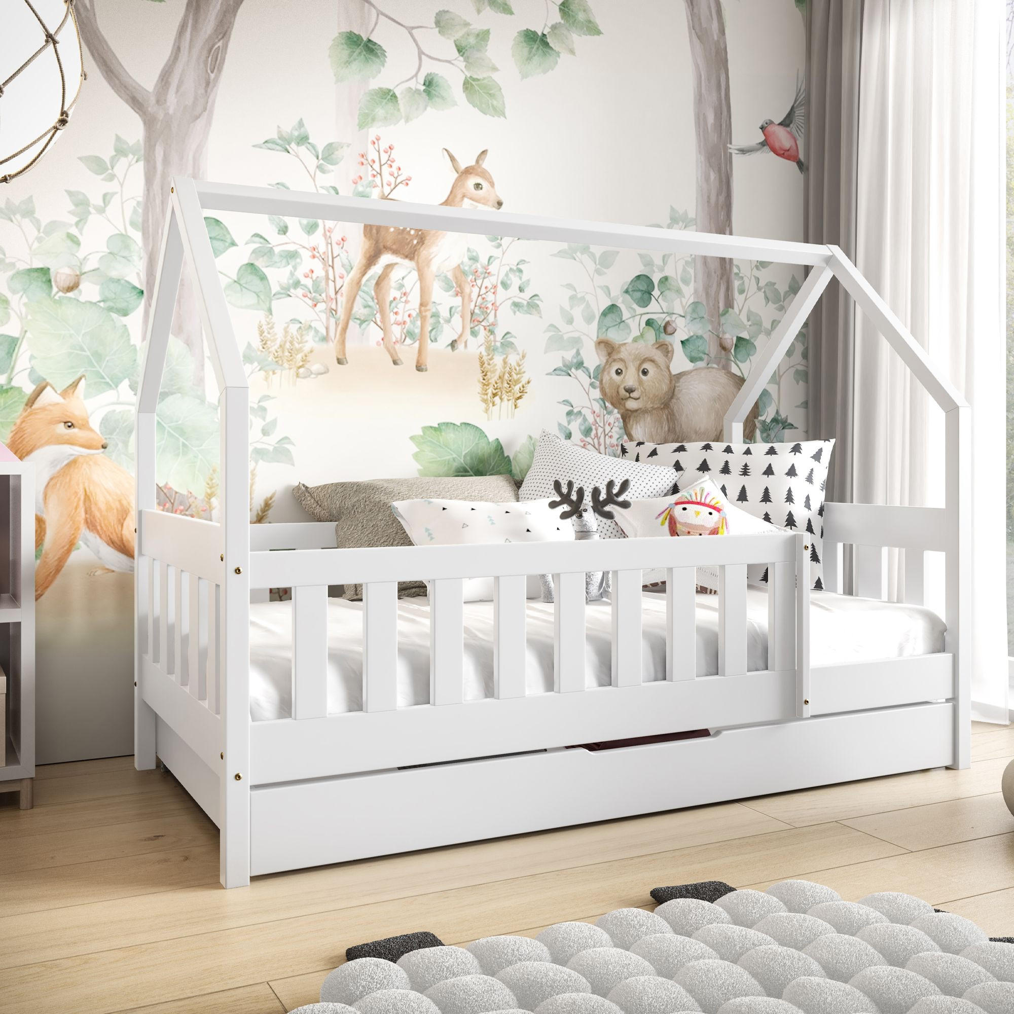 KINDERBETT Holzbett LUMBE, Hausform - Weiß, Holz (80/160cm) - KONSIMO®