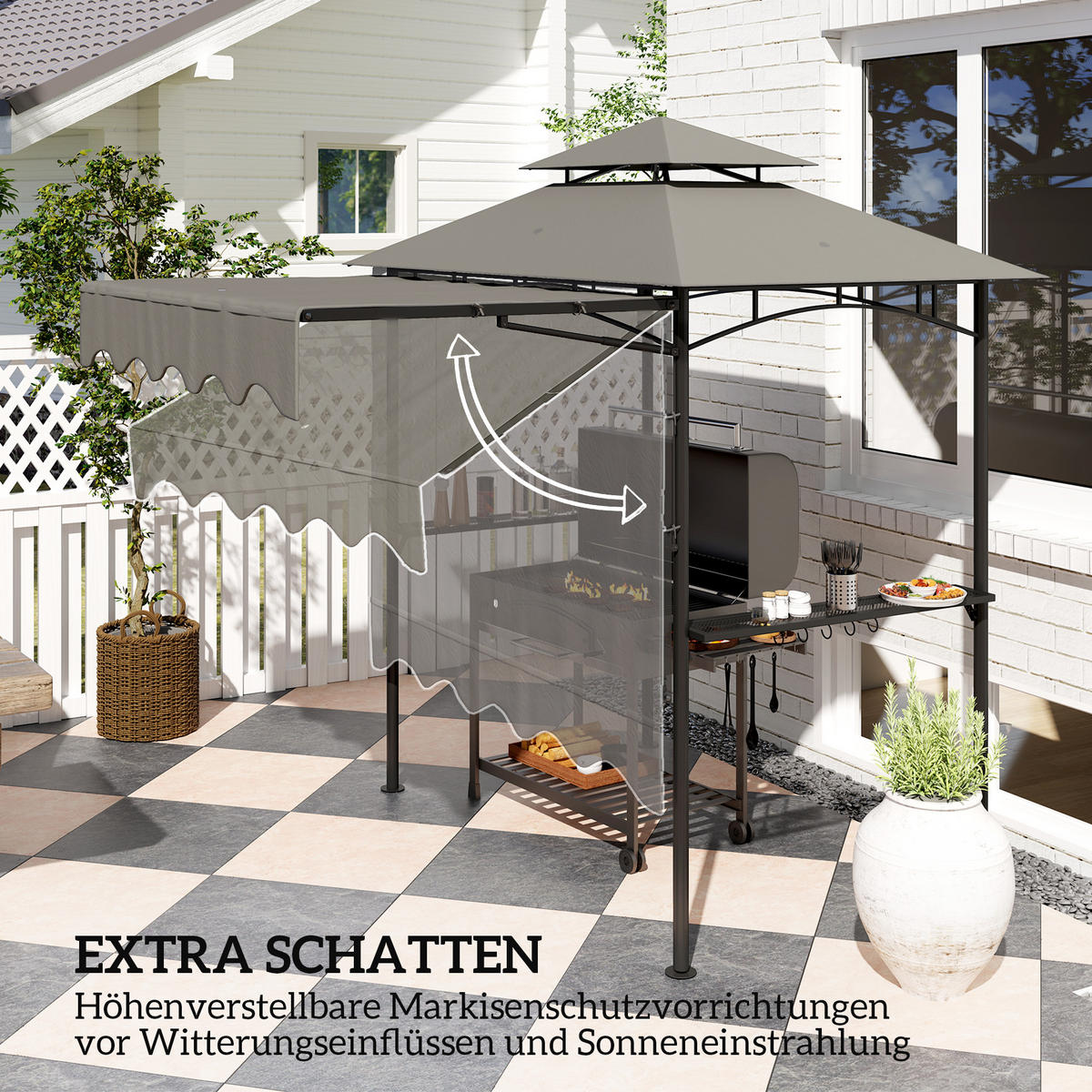 GRILLPAVILLON 242x232x248 cm wasserabweisend flammhemmend Gartenpavillon mit Doppelschichtdach Grau - Grau, Metall (242/248/232cm)
