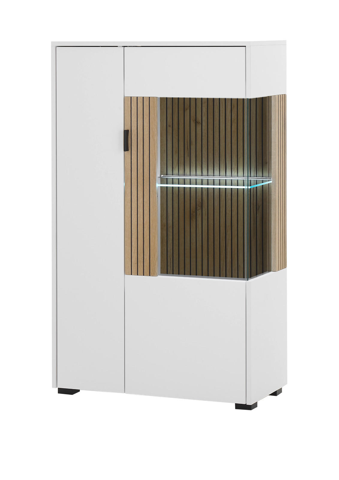 VITRINE weiß matt, Eiche 75 x 125 cm, Highboard mit Soft-Close-Funktion - Eichefarben/Schwarz, Glas/Holzwerkstoff (75/125/38cm)