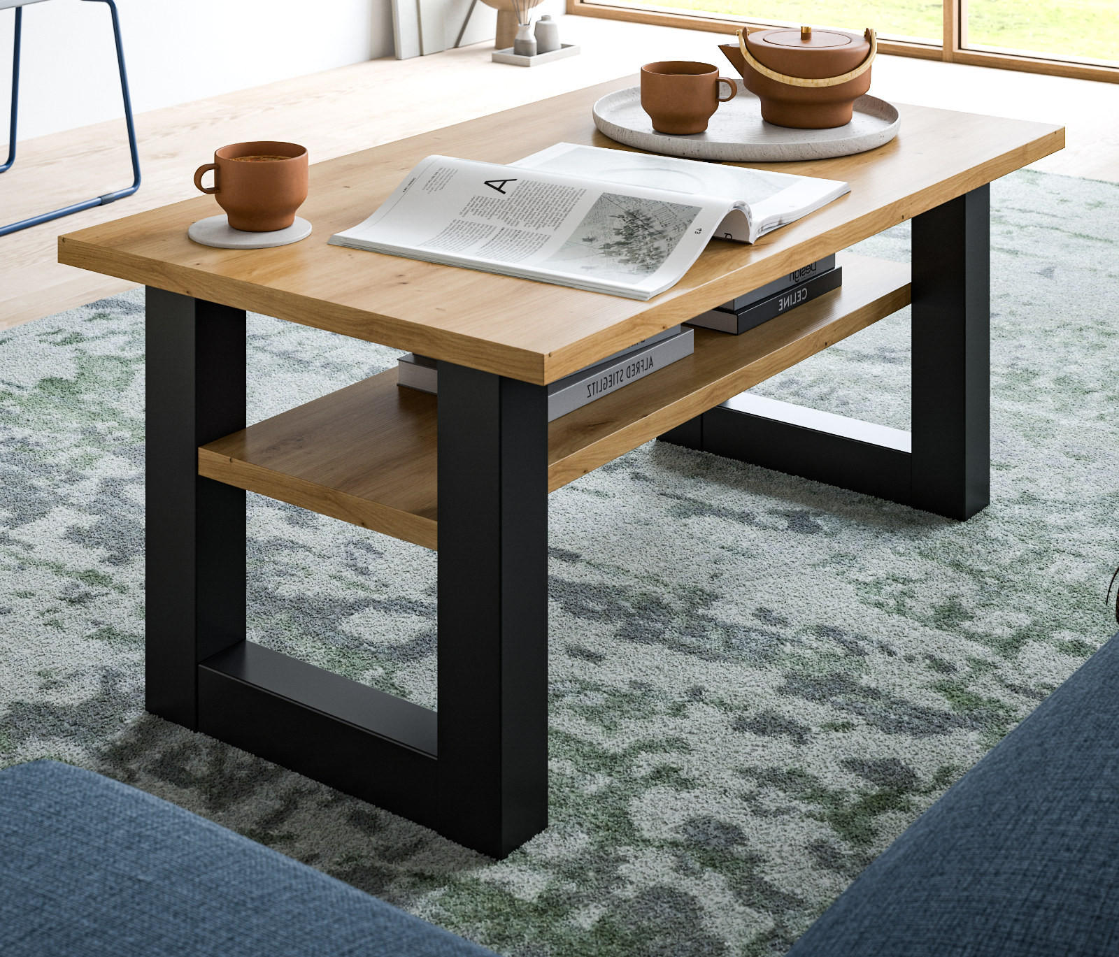 COUCHTISCH Eiche, grau 90 x 50 cm, Wohnzimmertisch mit Ablage - Dunkelgrau/Eiche Artisan, Holzwerkstoff/Metall (90/50/42cm) - Inn.Furn