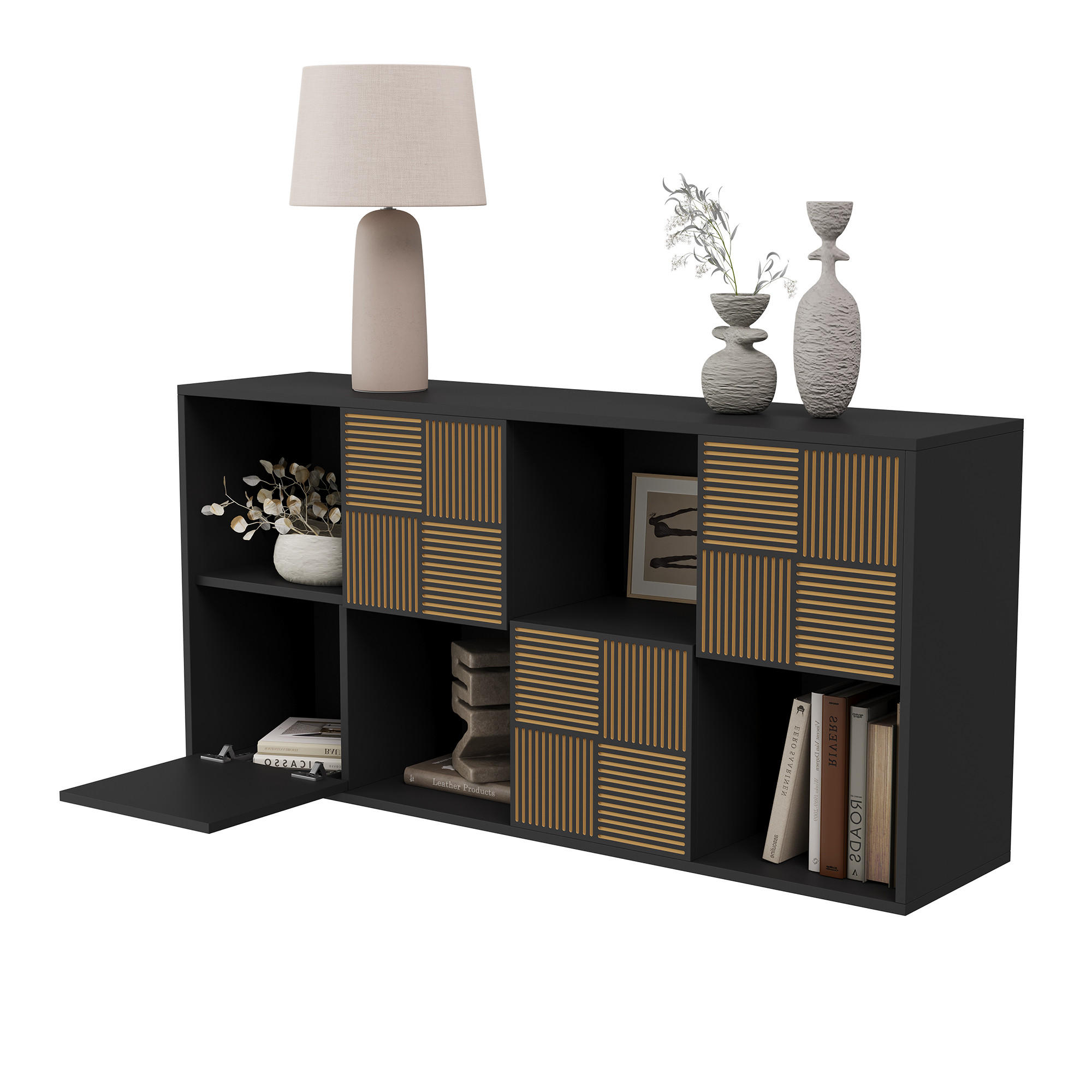BÜCHERREGAL 125x30x60 cm Holz Lamellen Design Sideboard Aufbewahrung, Schwarz - Schwarz, Holz (60/125/30cm)