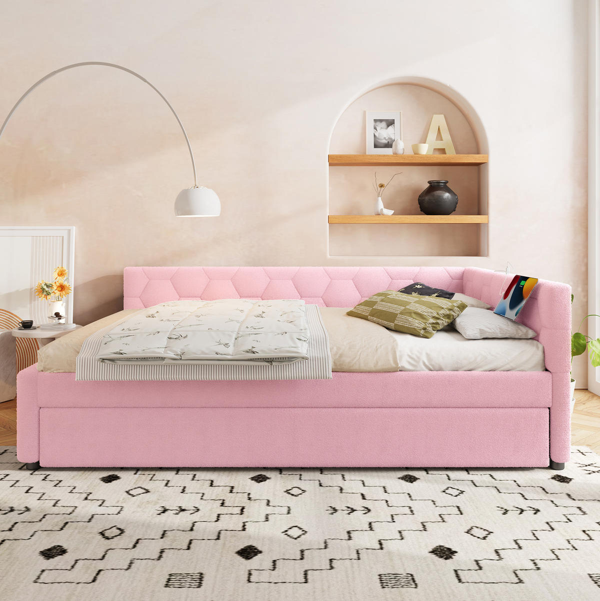 BETT 140/200 cm Rosa mit Ausziehbett und USB- und Type-C-Anschlüssen - Rosa, Textil (140/200cm) - Flora Grace