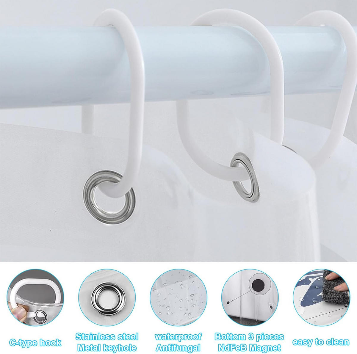 DUSCHVORHANG transparent mit Ringen wasserdicht schimmelresistent mit Magneten für Badezimmer - Transparent, Kunststoff (200/180cm) - MCBOSON