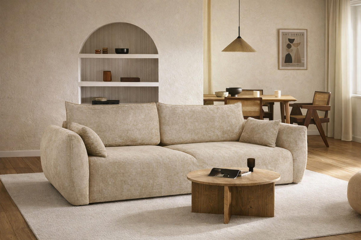 SOFA Mit Schlaffunktion Und Bettkasten, Chenille-Stoff Flow, Dunkelbeige, Zephira - Beige, Holz (238/87/140cm) - Kaiser Möbel