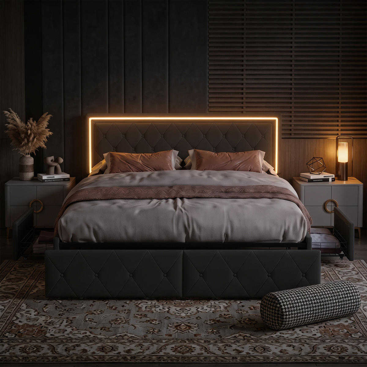 POLSTERBETT 160x200 mit LED und Stauraum, Lattenrost, doppelbett 160x200 mit 4 Schublade, höhenverstellbares Kopfteil, PU grau - Grau, Leder/Holz (160/200cm) - GENKI LIVING