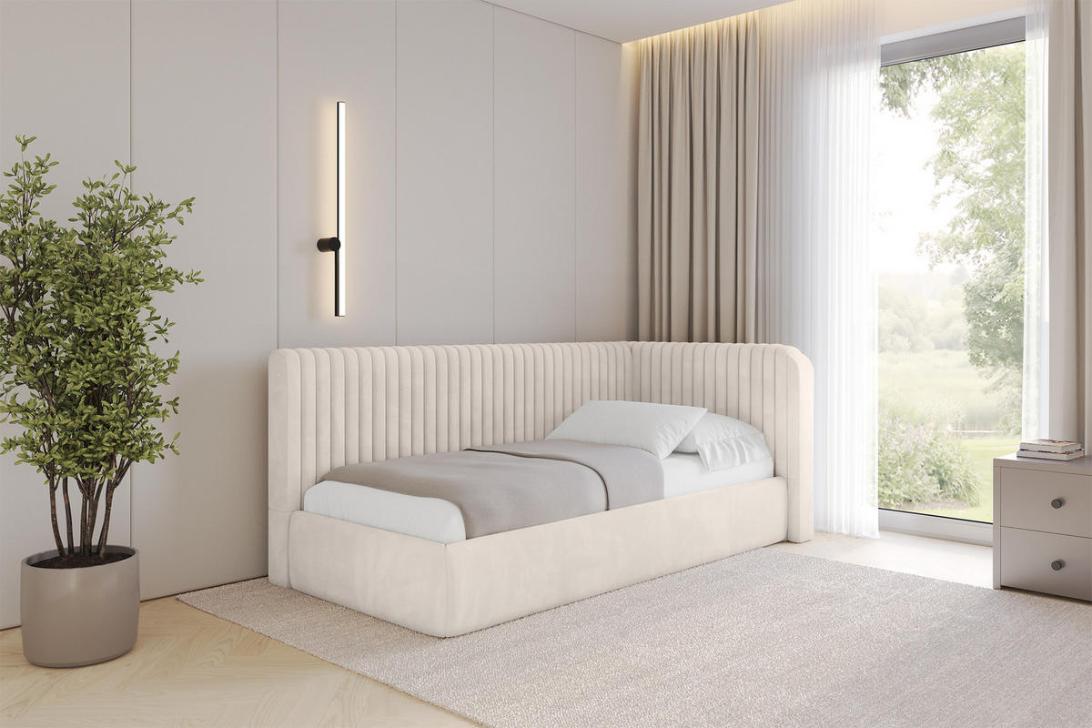 EINZELLBETT Jugendbett mit Bettkasten und Matratze H3/H4, Links - AURY 100x200 Beige - Ecru, Holzwerkstoff/Textil (100/200cm) - ALTDECOR