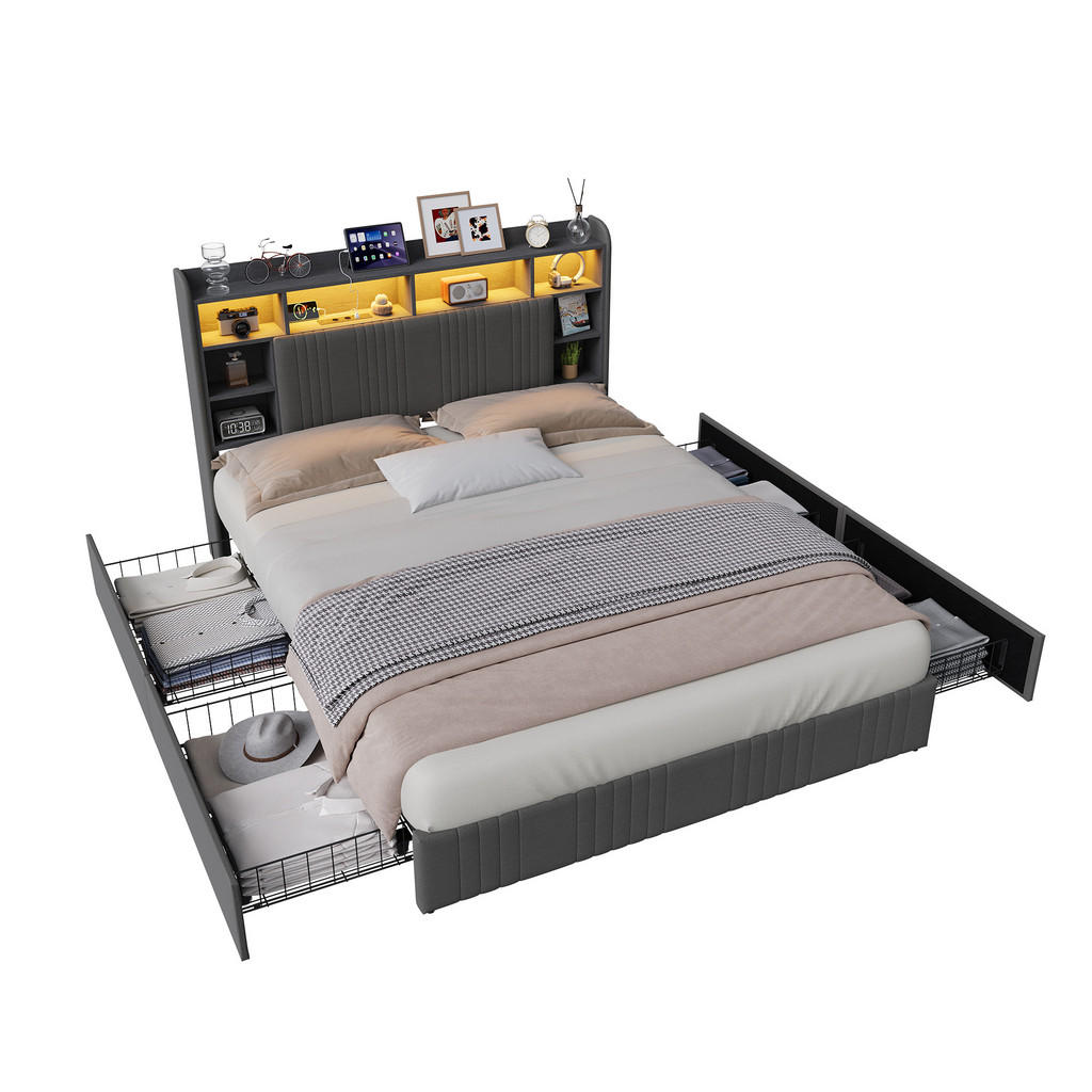 SHOPENTRA ČALOUNĚNÁ postel 160x200cm šedé lněné plátno, 4 zásuvky, LED čelo s USB