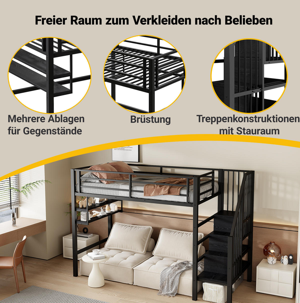 HOCHBETT 90/200 cm Schwarz aus Metall mit Stauraumleiter - Schwarz, Metall (90/200cm) - OKMYHOME