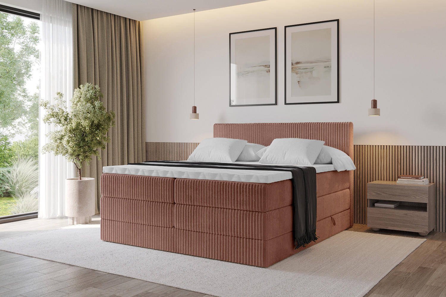 BOXSPRINGBETT mit Matratze H3|H4 und Lattenrost - TOLO KING 200x200 Cord - Ziegelrot - Rostfarben, Holzwerkstoff (200/200cm) - ALTDECOR