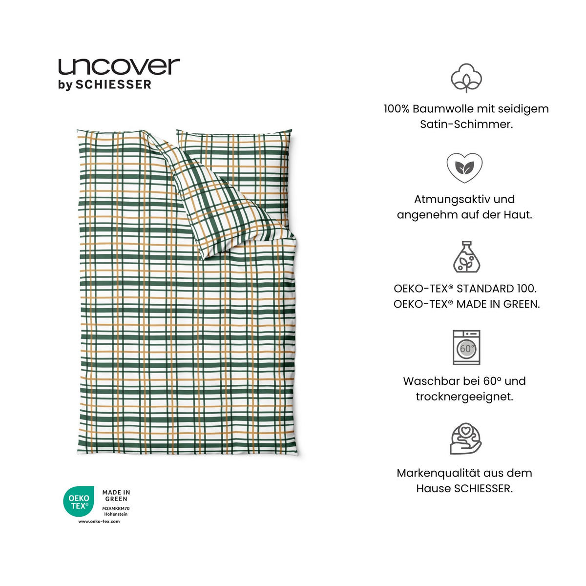 BETTWÄSCHESET Maxim - Baumwollsatin - 2-teilig - 135x200cm - Grün-Senf - Hellbraun, Textil (135/200cm) - Uncover by Schiesser