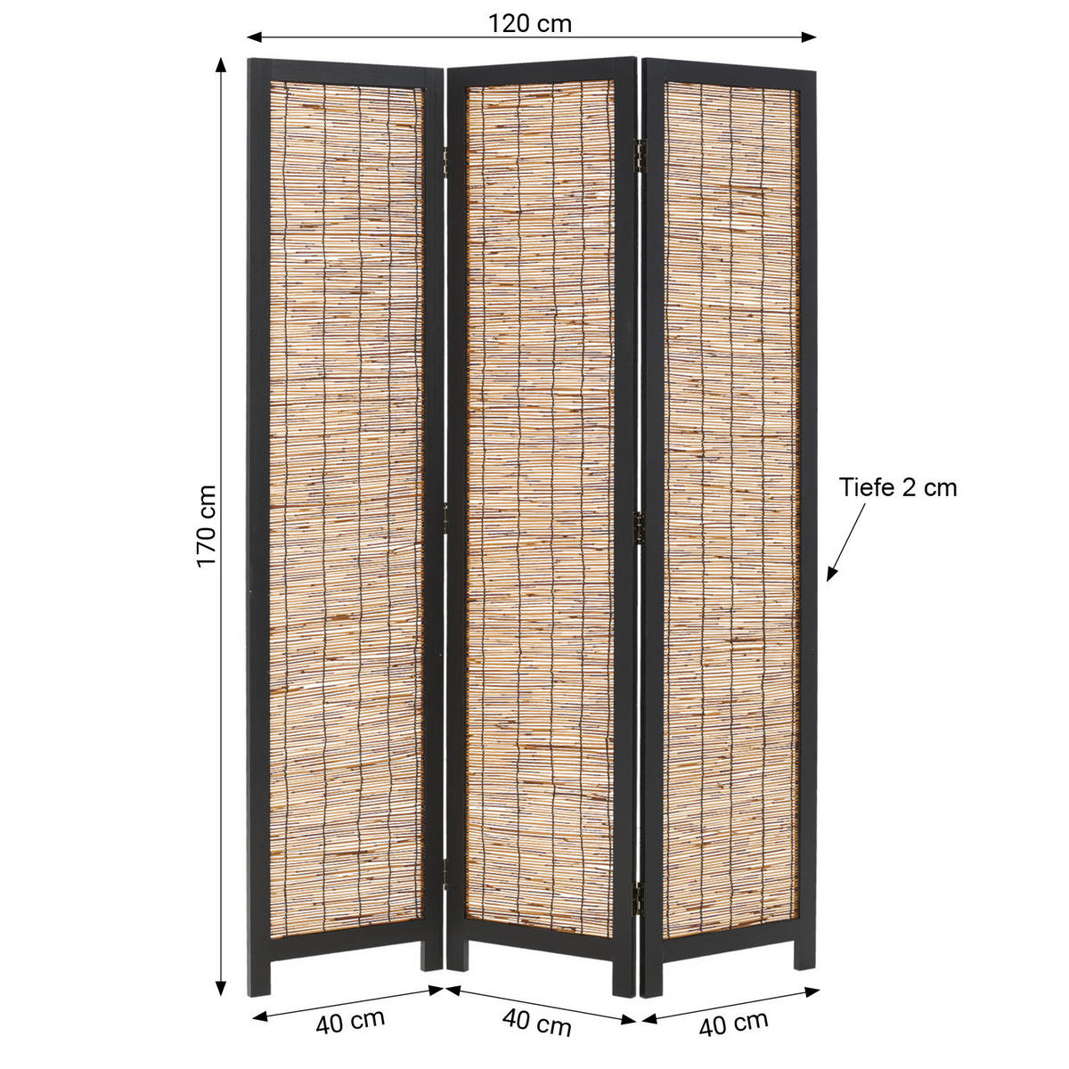 PARAVENT 120/170 cm Schwarz Holz Weide - Schwarz/Braun, Holz (120/170/2cm) - Homestyle4u