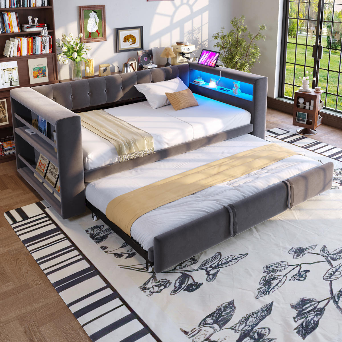 ROZKLÁDACÍ postel 90/180 x 190 cm s LED osvětlením, zásuvkou a úložnými područkami, Tmavě šedá - tmavě šedá, textil (90/190cm) - Redom