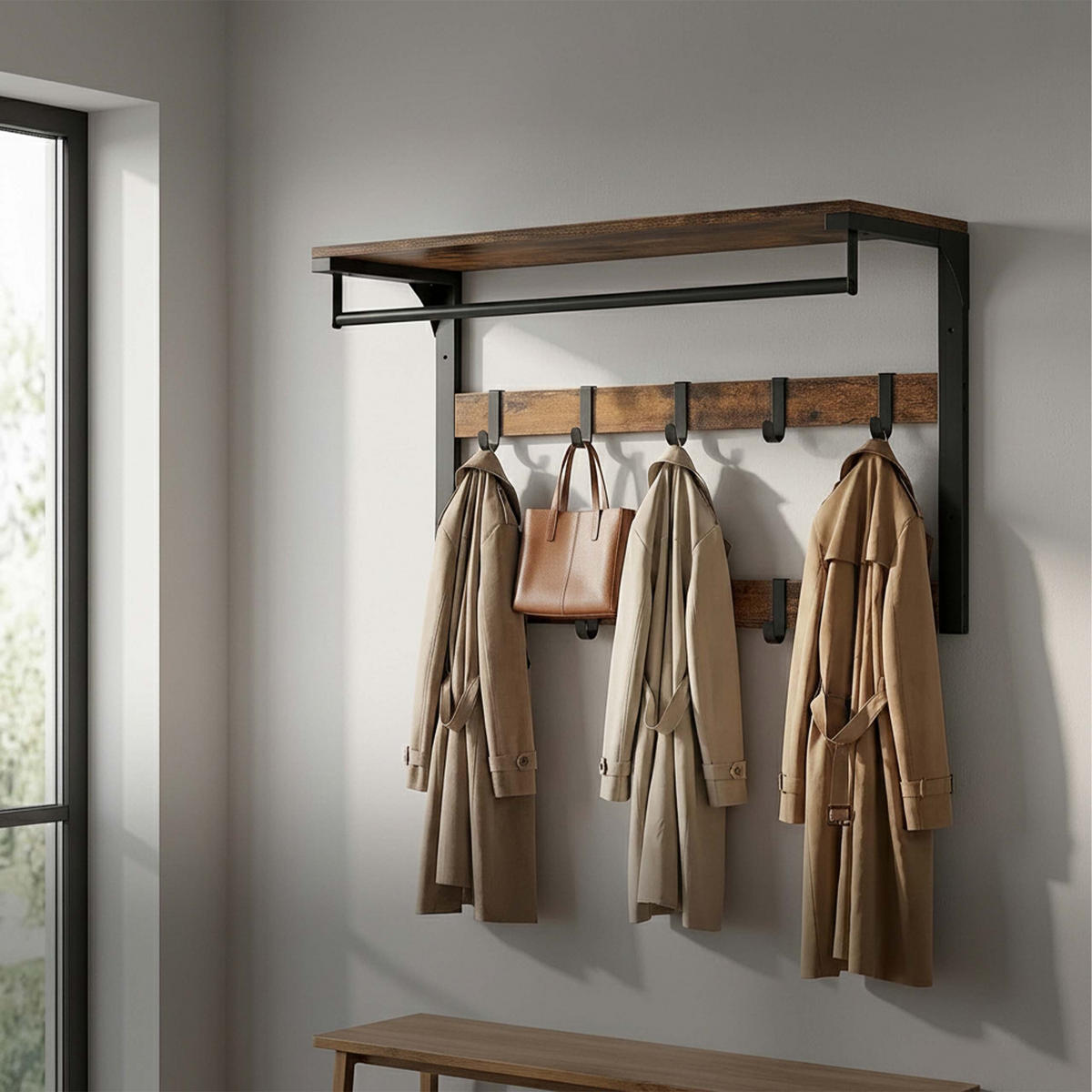 WANDGARDEROBE Eiche Weiß 3-in-1 10 Haken 80 cm - Multicolor, Holzwerkstoff/Metall (80/42/30cm) - Relaxdays