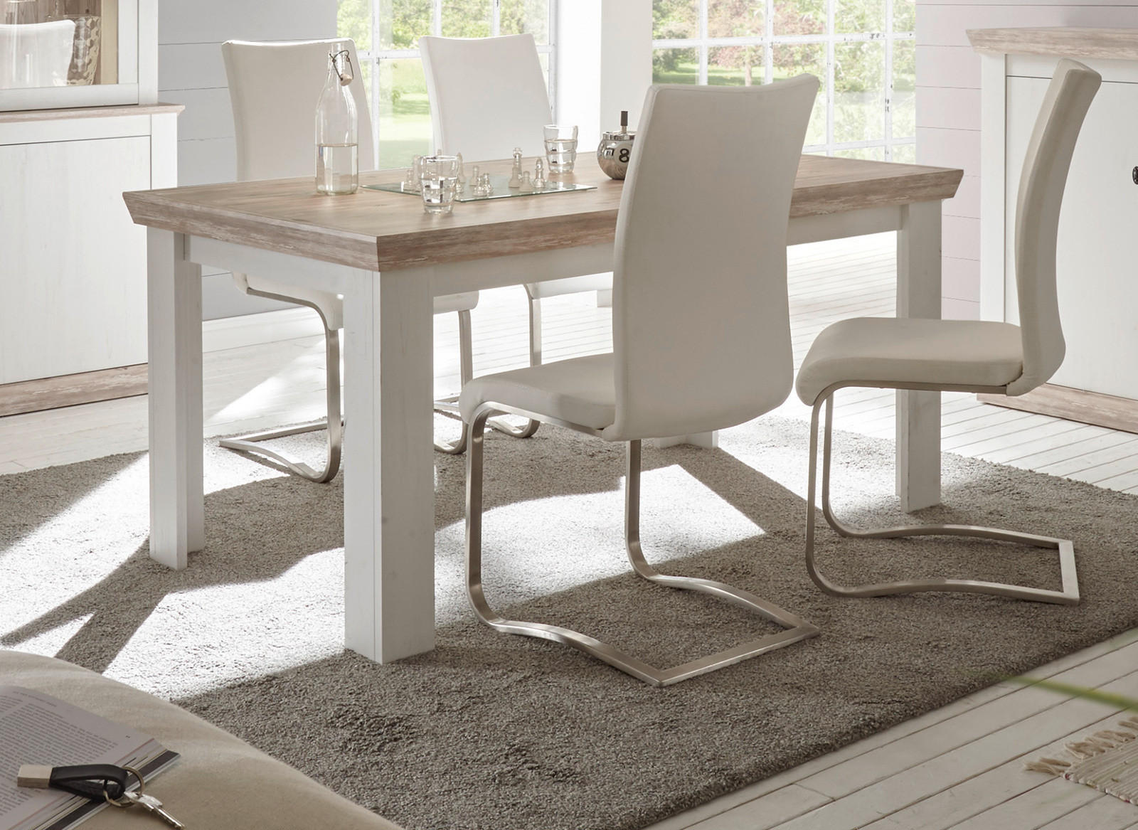 ESSTISCH Pinie weiß, Oslo Pinie Landhaus, Küchentisch, 160 x 90 cm - Weiß/Pinienfarben, Holzwerkstoff (160/90/76cm) - Furn.Design