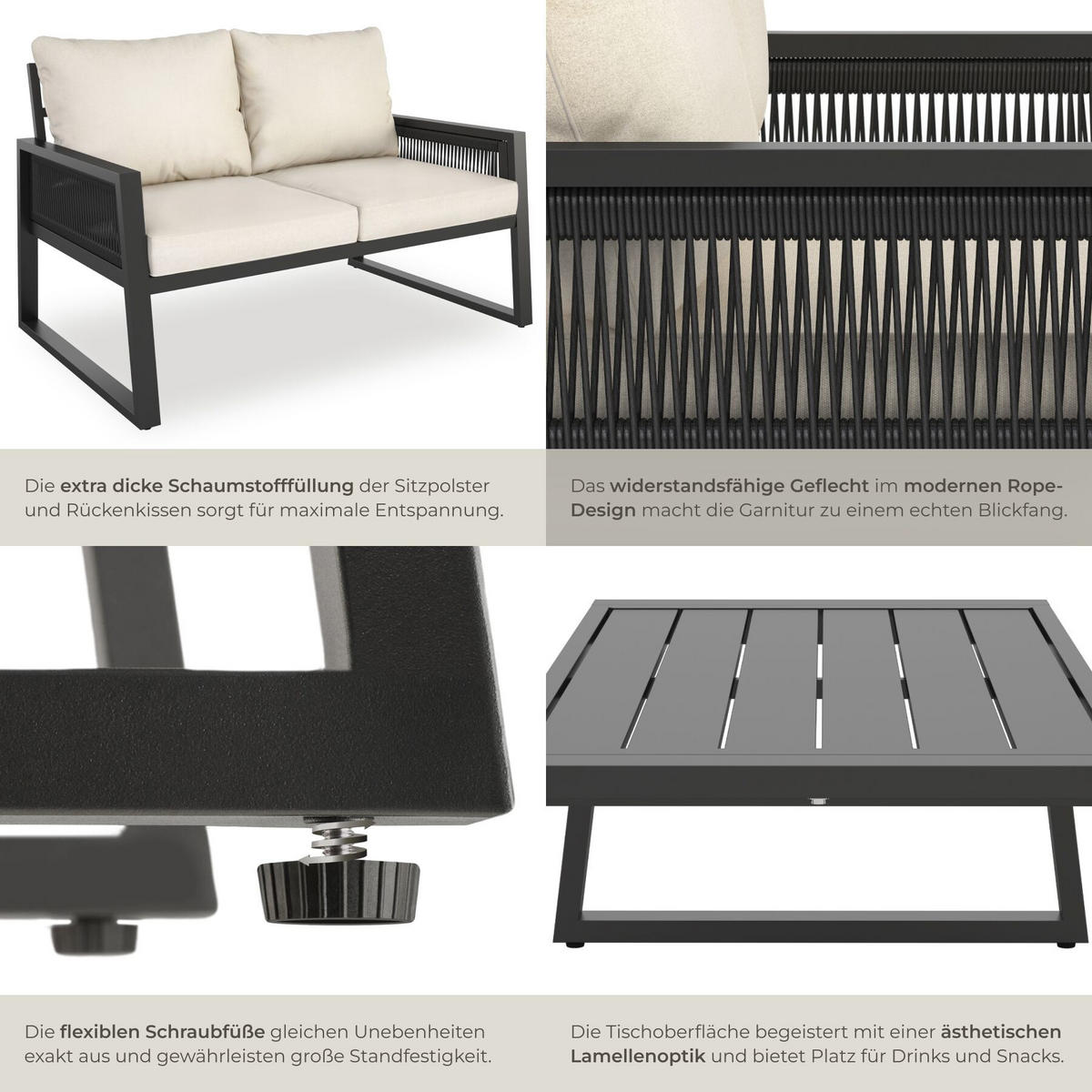 GARTENLOUNGE-SET 2-teilig Captive Aluminium Rope-Design inkl. Polster 126x76,5x85cm anthrazit - Anthrazit, Kunststoff/Metall - tectake