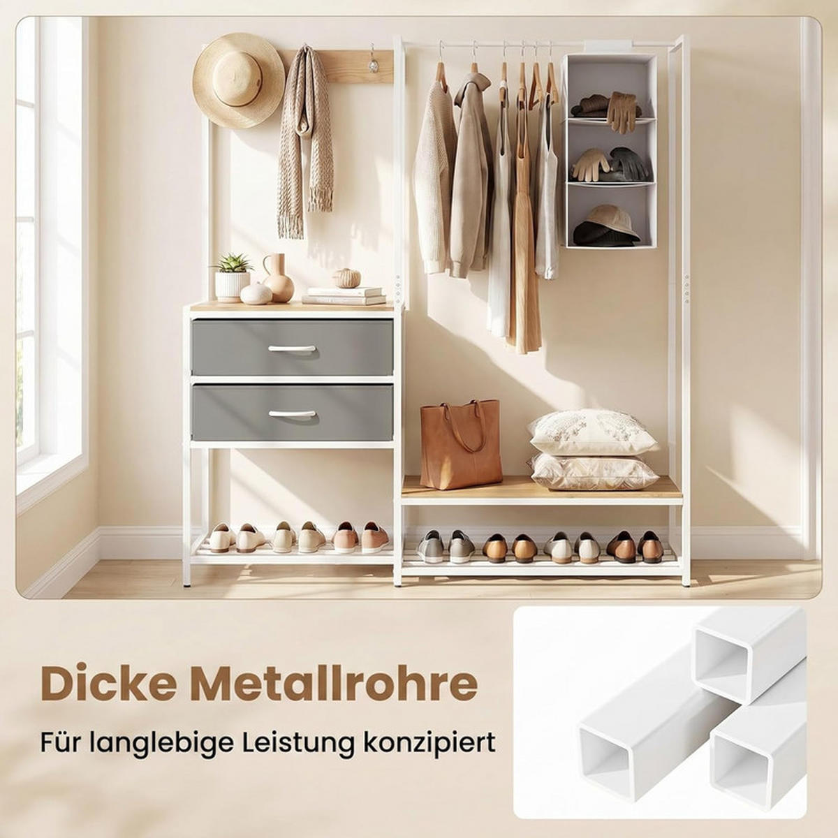 GARDEROBENSTÄNDER mit 2 Schubladen weiß - Weiß, Metall (138/161/35cm) - COSTWAY