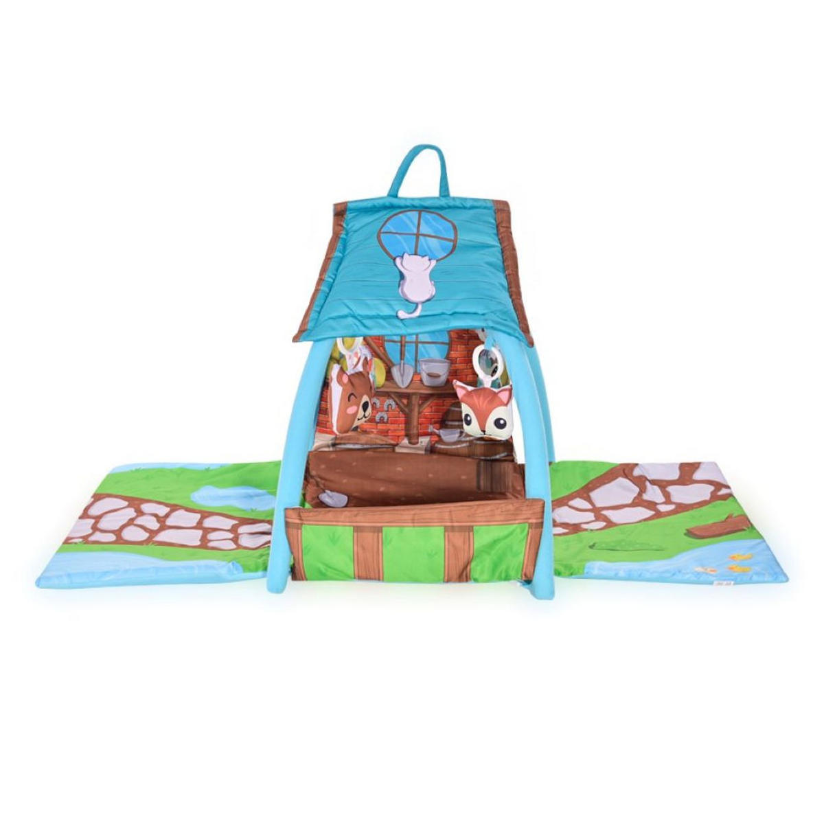 SPIELBOGEN kleines Haus blau Krabbeldecke, Greiflinge, vier hängende Tiere, 100% Polyester - Blau, Textil (53/56/113cm) - Lorelli