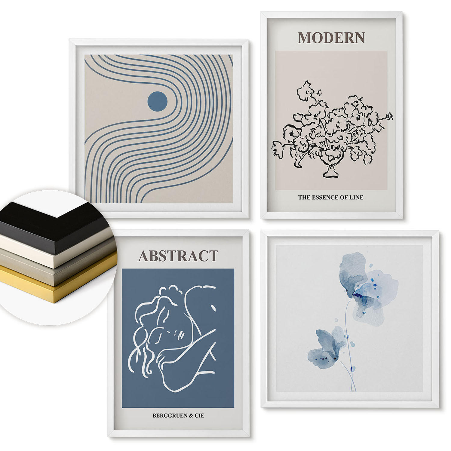 WANDBILDER 4er-Set - 50x50 cm & 40x60 cm Weißer Rahmen - abstrakte Poster mit Blumenlinien - Weiß, Kunststoff (50/50cm) - ArtPrintCave