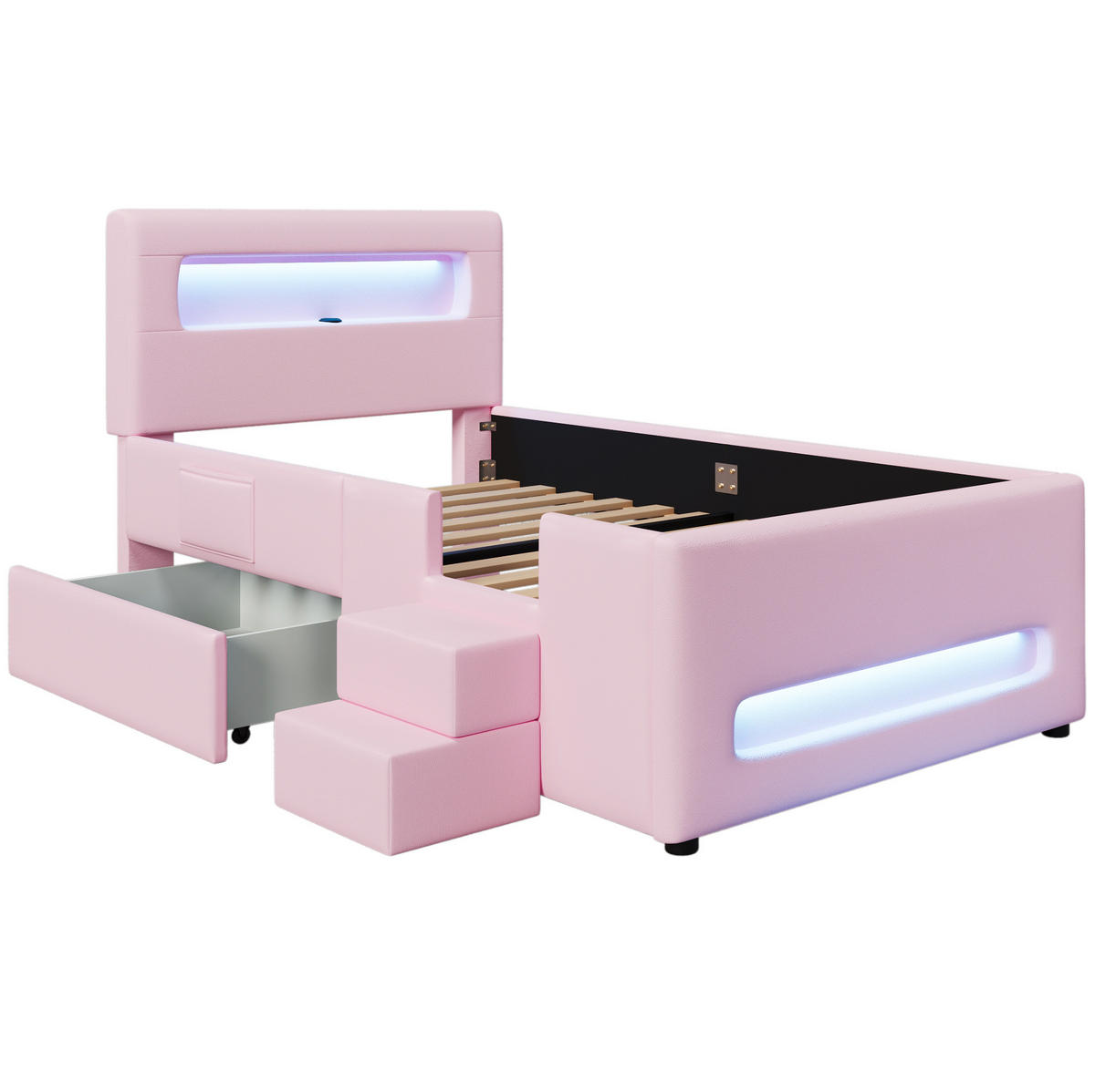 POLSTERBETT 90/200 cm mit Treppe, Schublade und LED-Beleuchtung, PU, Rosa - Rosa, Holzwerkstoff (90/200cm) - Redom