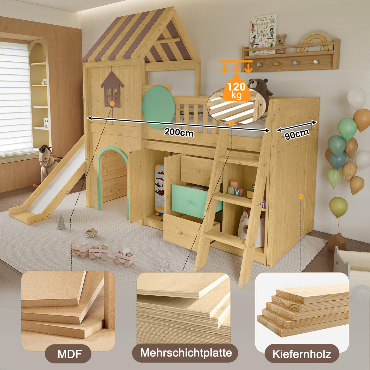HOCHBETT 90/200 cm in Natur & Grün mit Rutsche, Treppe und Stauraum - Naturfarben, Holz/Holzwerkstoff (90/200cm) - WISHDOR