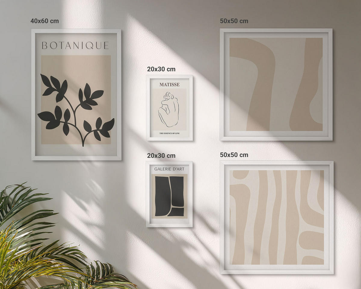 WANDBILDER 5er-Set - 50x50 cm & 20x30 cm & 40x60 cm Weißer Rahmen - Abstrakte Pflanzenmotive - Weiß, Kunststoff (40/60cm) - ArtPrintCave