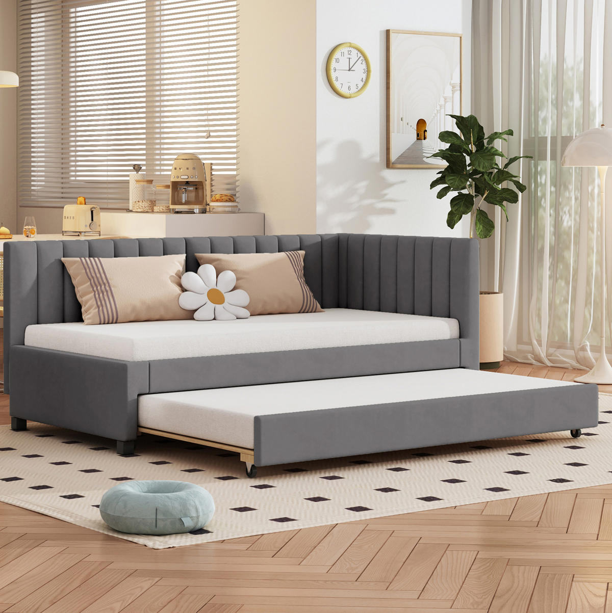 POLSTERBETT 90/200 cm Grau aus Samtstoff mit Ausziehbett - Grau, Textil (90/200cm) - OKMYHOME