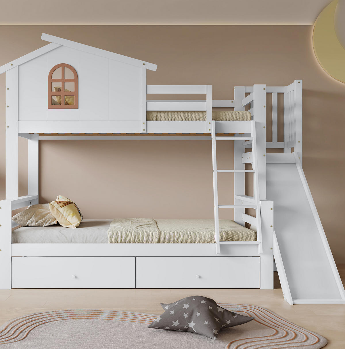 ETAGENBETT aus Kiefernholz und MDF 90x200/120x200 cm Weiß mit Rutsche, Fenster, Schrägleiter und 2 Schubladen - Weiß, Holzwerkstoff (90/200cm) - Modfu