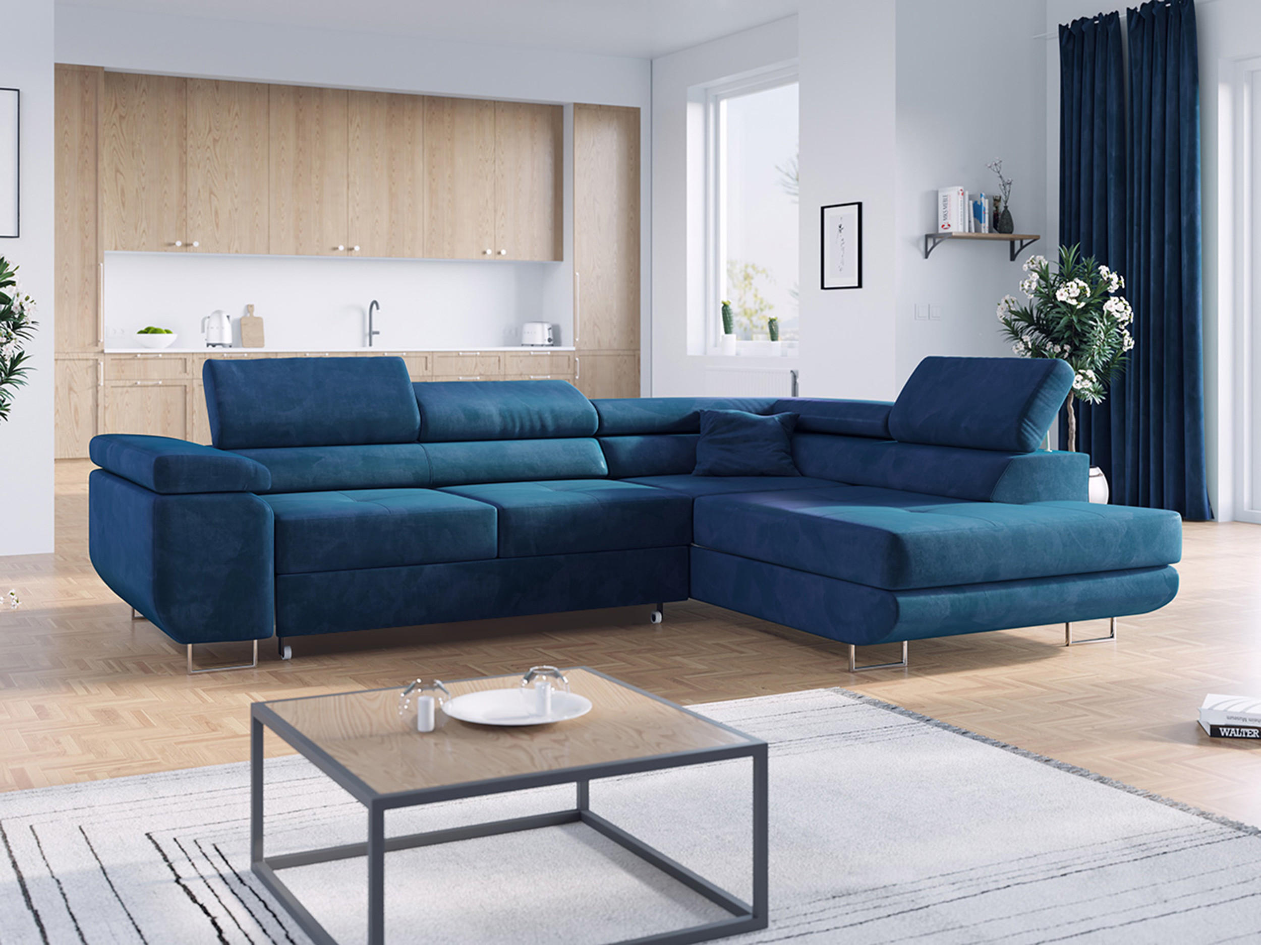 ECKSOFA GUSTAW L Dunkelblau Velvet Rechts Seite - Silberfarben/Dunkelblau, Textil/Metall (275/205cm) - MKS