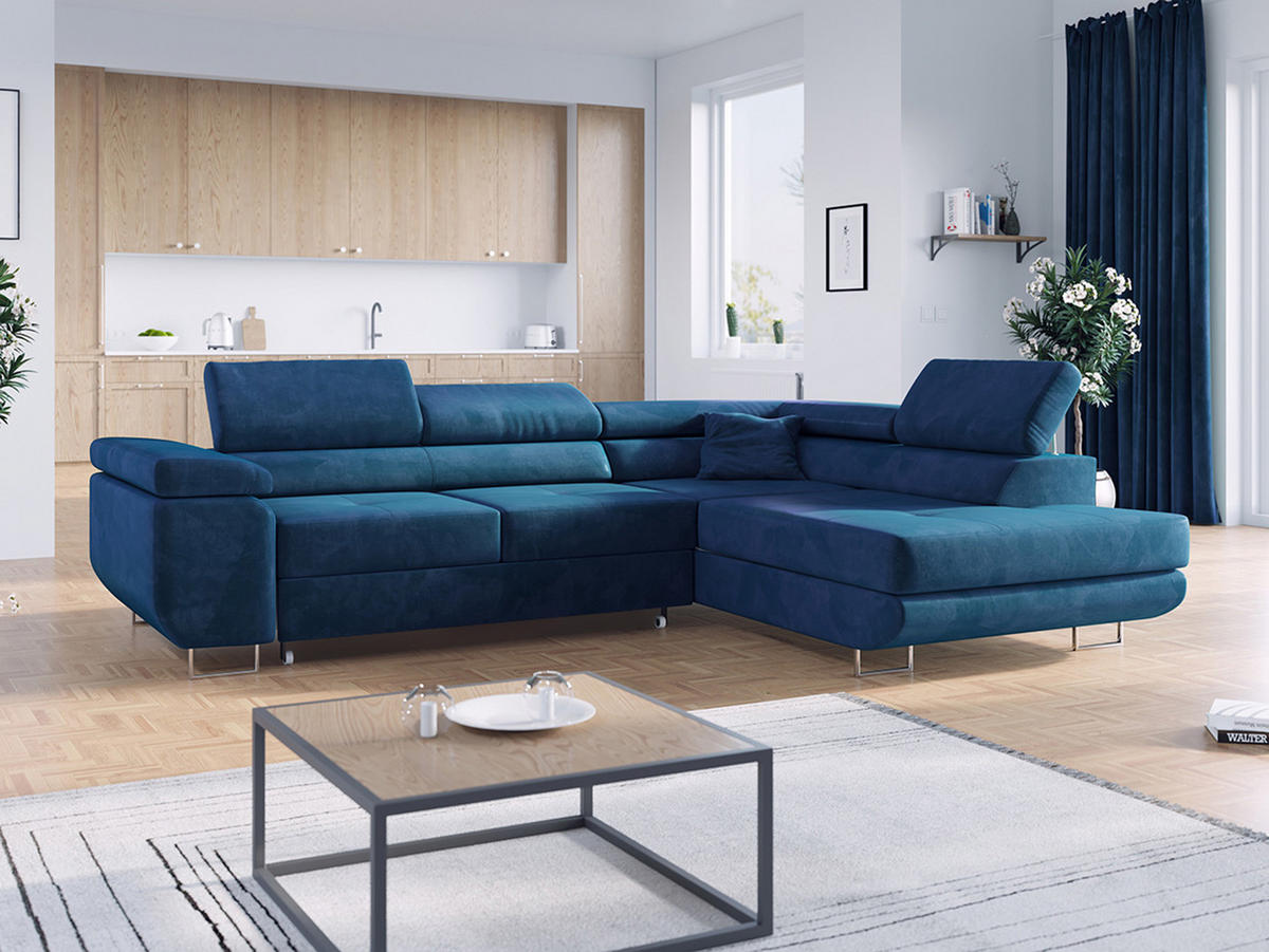 ECKSOFA GUSTAW L Dunkelblau Velvet Rechts Seite - Silberfarben/Dunkelblau, Textil/Metall (275/205cm) - MKS