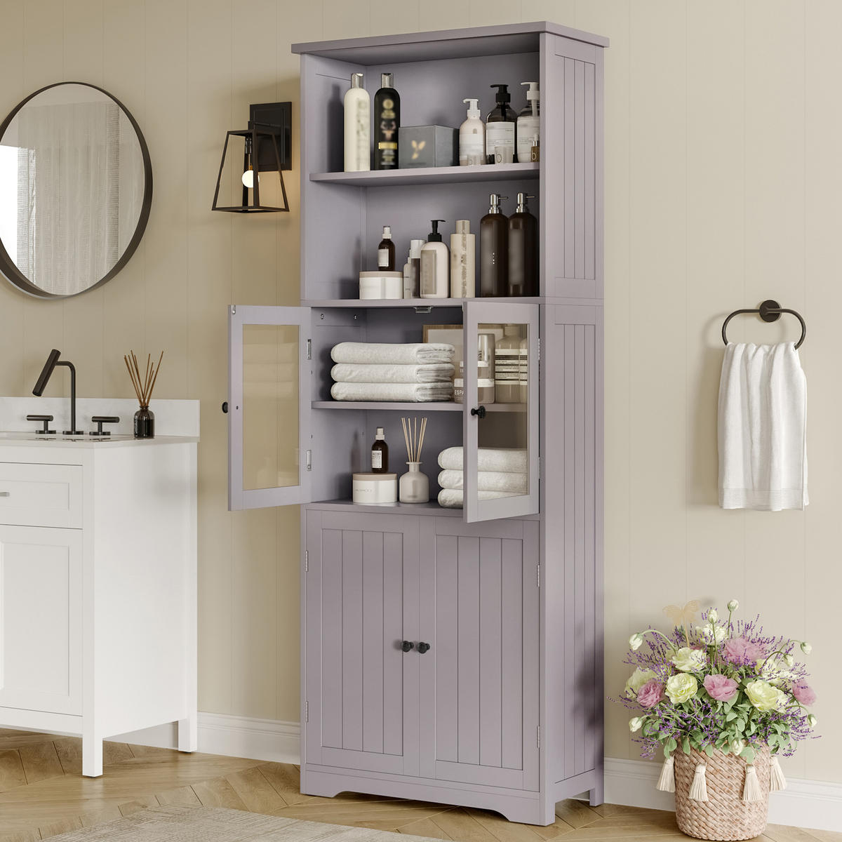 BADEZIMMER-HOCHSCHRANK 57.4x28.5x160cm in Grau, feuchtigkeitsbeständig mit 4 Türen - Grau, Holzwerkstoff (57.4/160/28.5cm) - Modfu