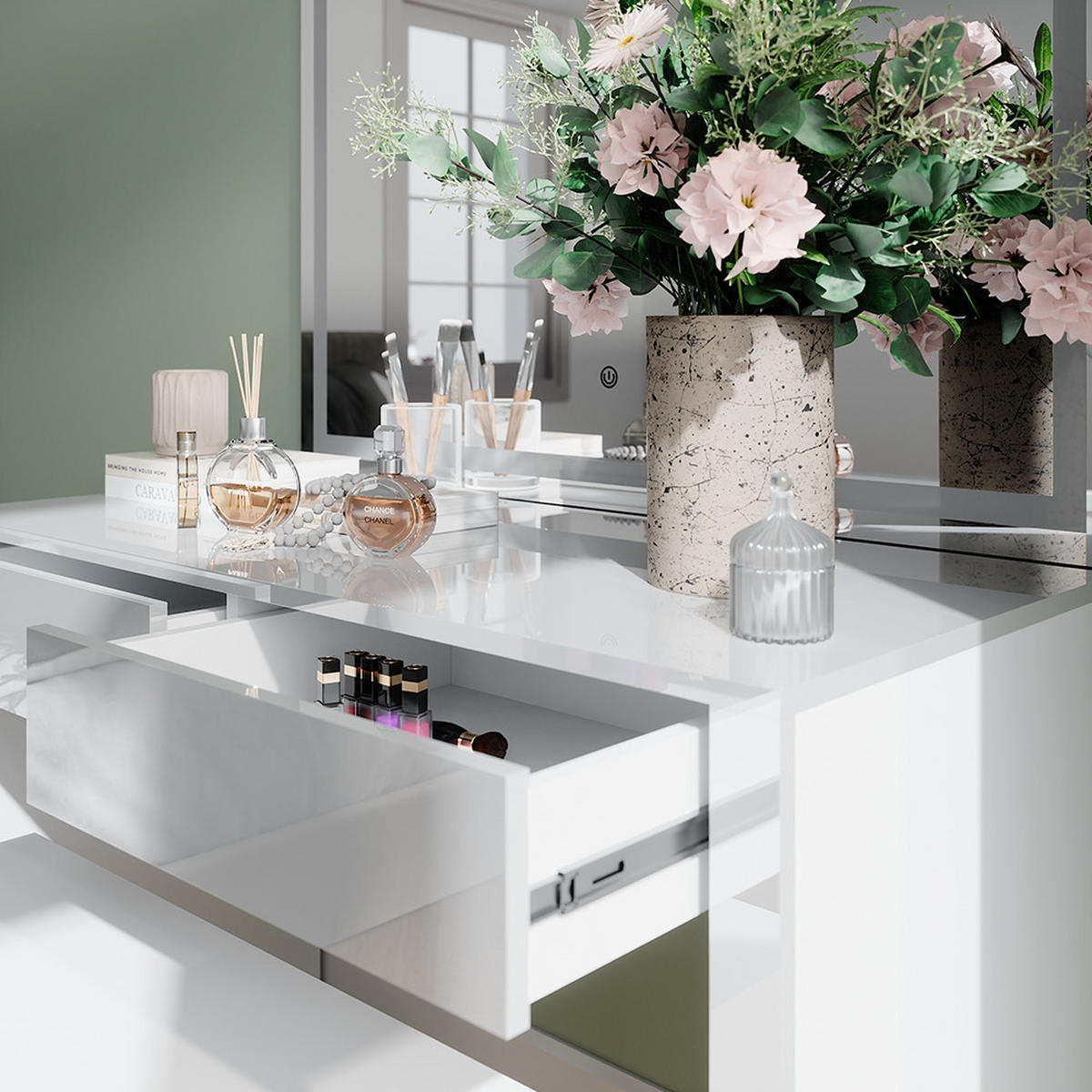 SCHMINKTISCH Annabelle Weiß Hochglanz/Weiß 110 cm mit LED-Spiegel und Bank - Weiß Hochglanz/Weiß, Holzwerkstoff (110/75.5/50cm) - Vicco