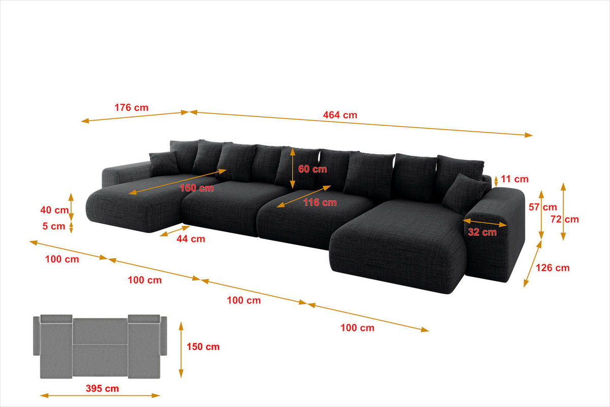 WOHNLANDSCHAFT mit Schlaffunktion ESKAR-U2-464x176x84cm Schwarz - Schwarz, Holzwerkstoff/Kunststoff (176/72/464cm) - ALTDECOR