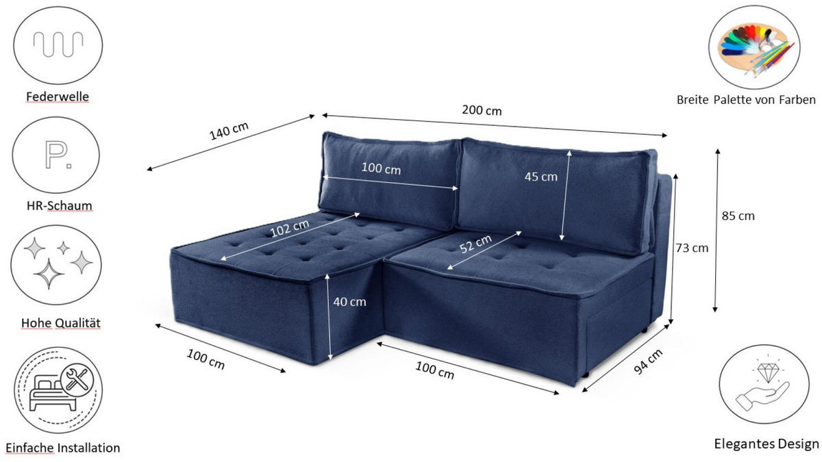 ECKSOFA Bohoo Mini Modernes Mit Schlaffunktion Blau Rechts - Blau, Holz (200/140cm) - Kaiser Möbel