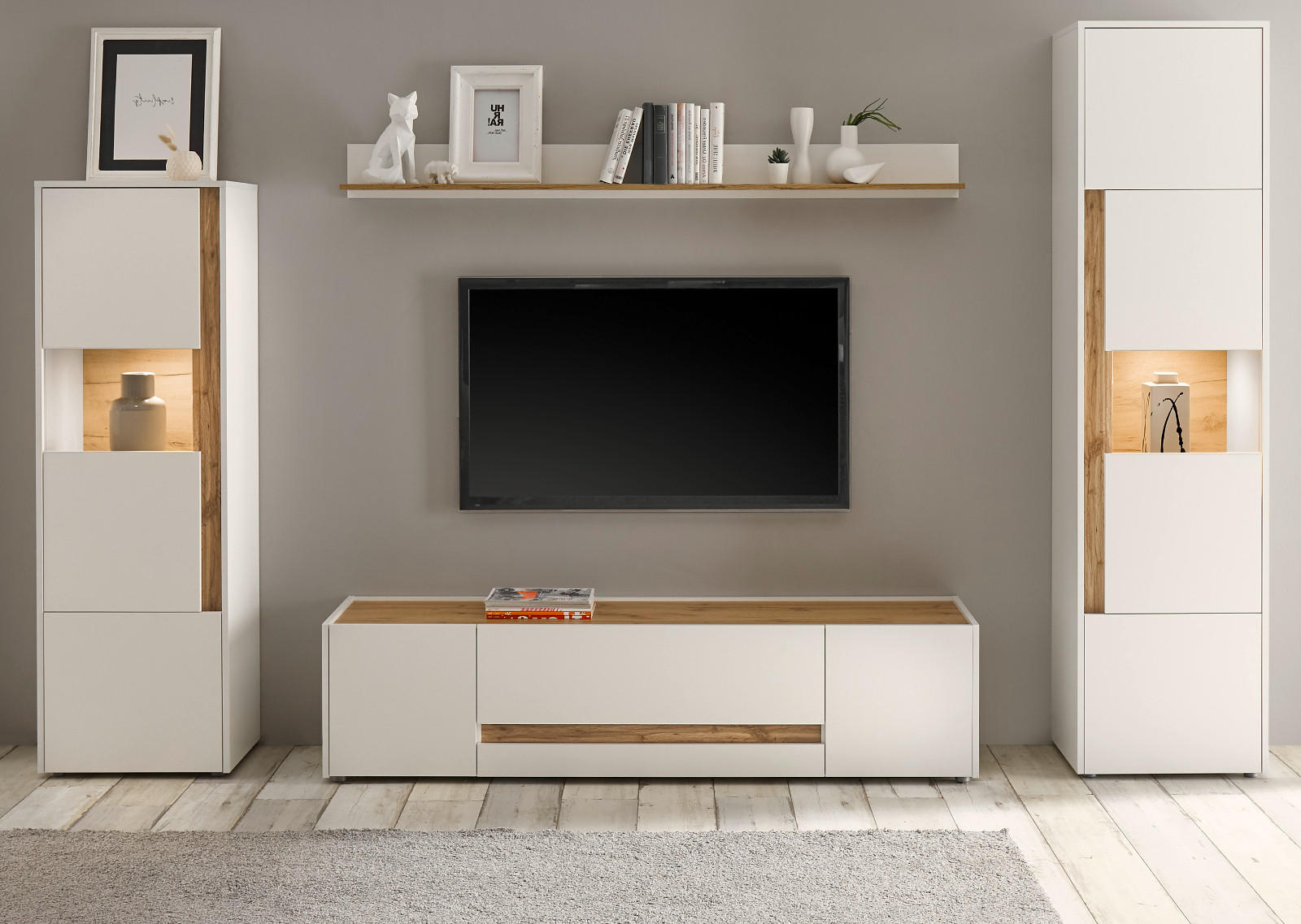WOHNWAND weiß, Eiche Wotan 4-teilig 310 cm, Wohnkombination modern - Eiche Wotan/Schwarz, Glas/Holz (310/197/45cm) - Furn.Design