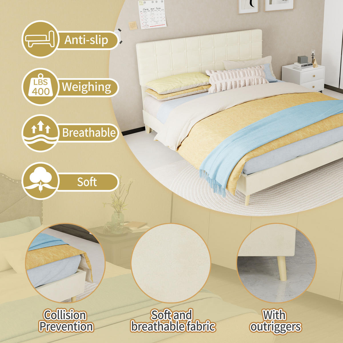 POLSTERBETT 160/200 cm mit karierter Kopfteilpolsterung und Holzfüßen, Beige - Beige, Textil (160/200cm) - Redom