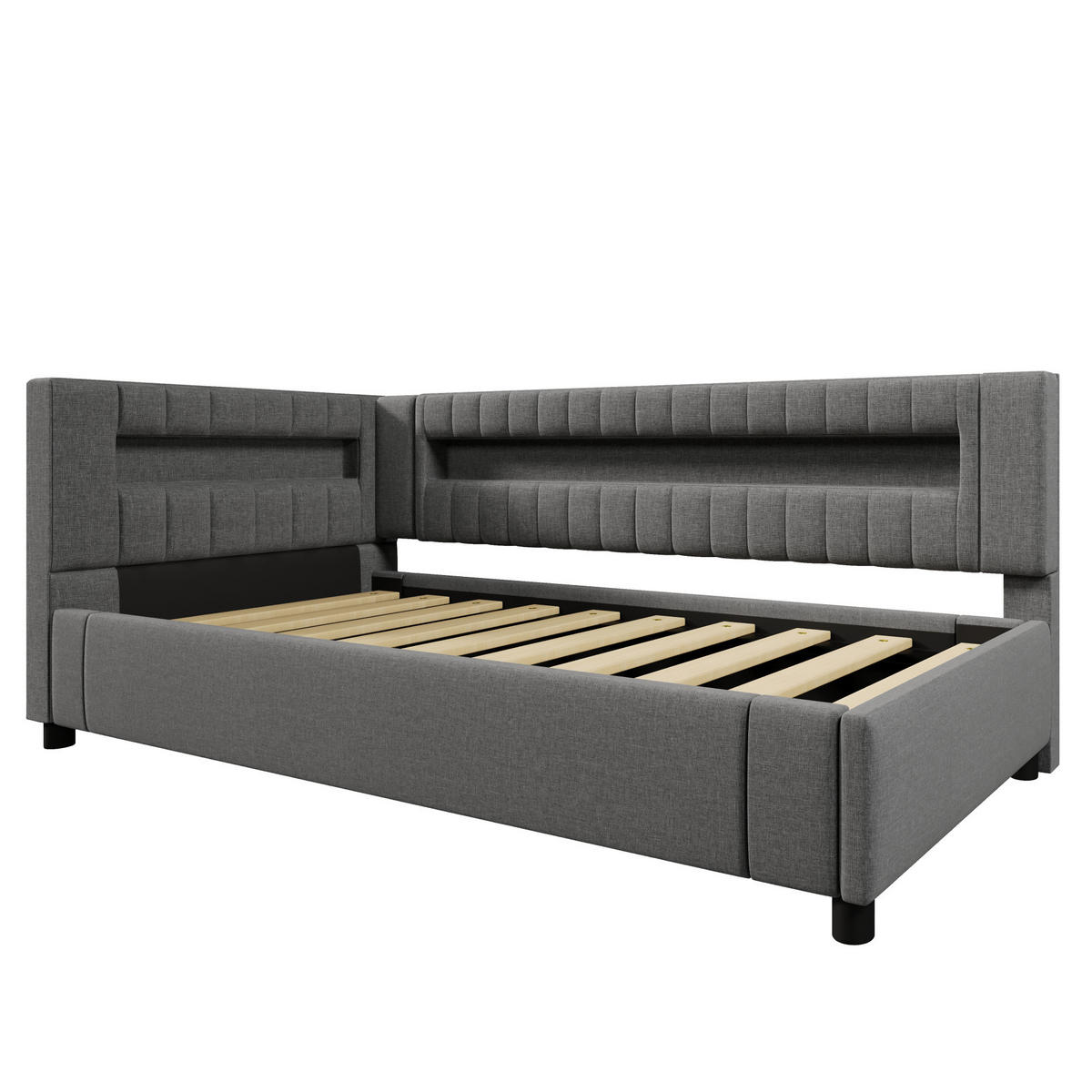POLSTERBETT 90/200 cm Grau aus Leinen mit Stauraum, LED und USB-Anschlüssen - Grau, Textil (90/200cm) - Flora Grace