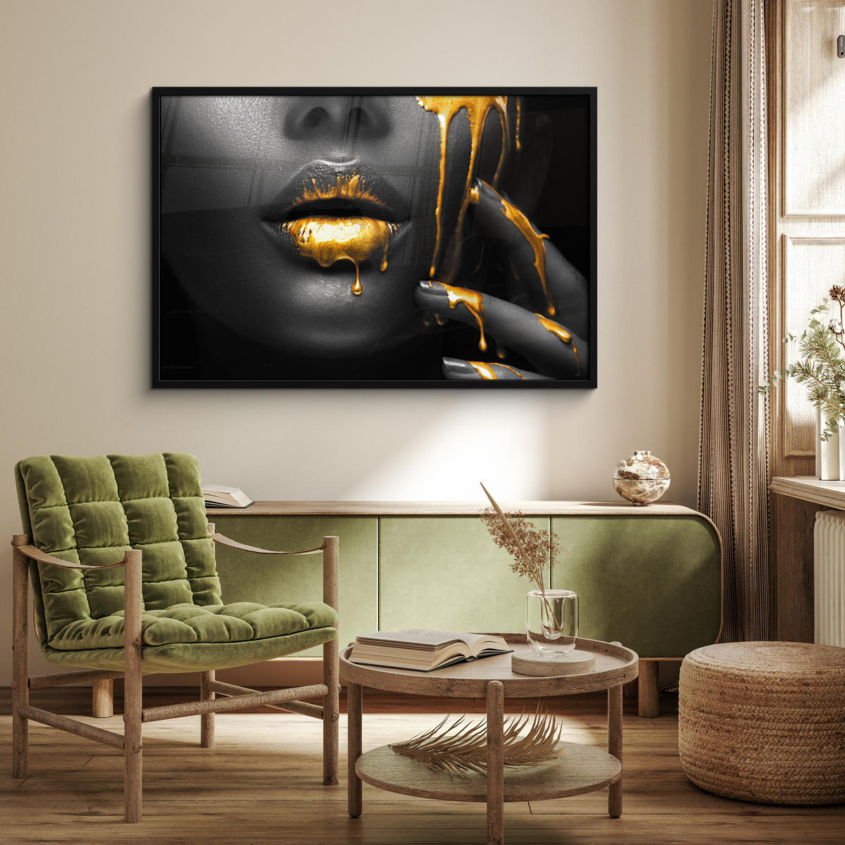 ZARÁMOVANÝ PLAGÁT Žena - čierna - zlatá - tvár - pery 120x80 cm - zlatá, papier (120/80cm) - MuchoWow
