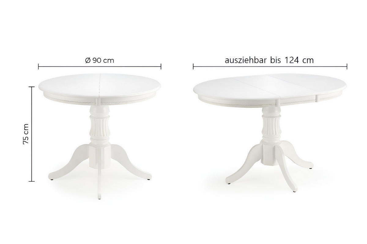 ESSTISCH rund Weiß ausziehbar Echtholzfurnier 90/90/75 cm - Weiß, Holz (90/90/75cm) - designimpex