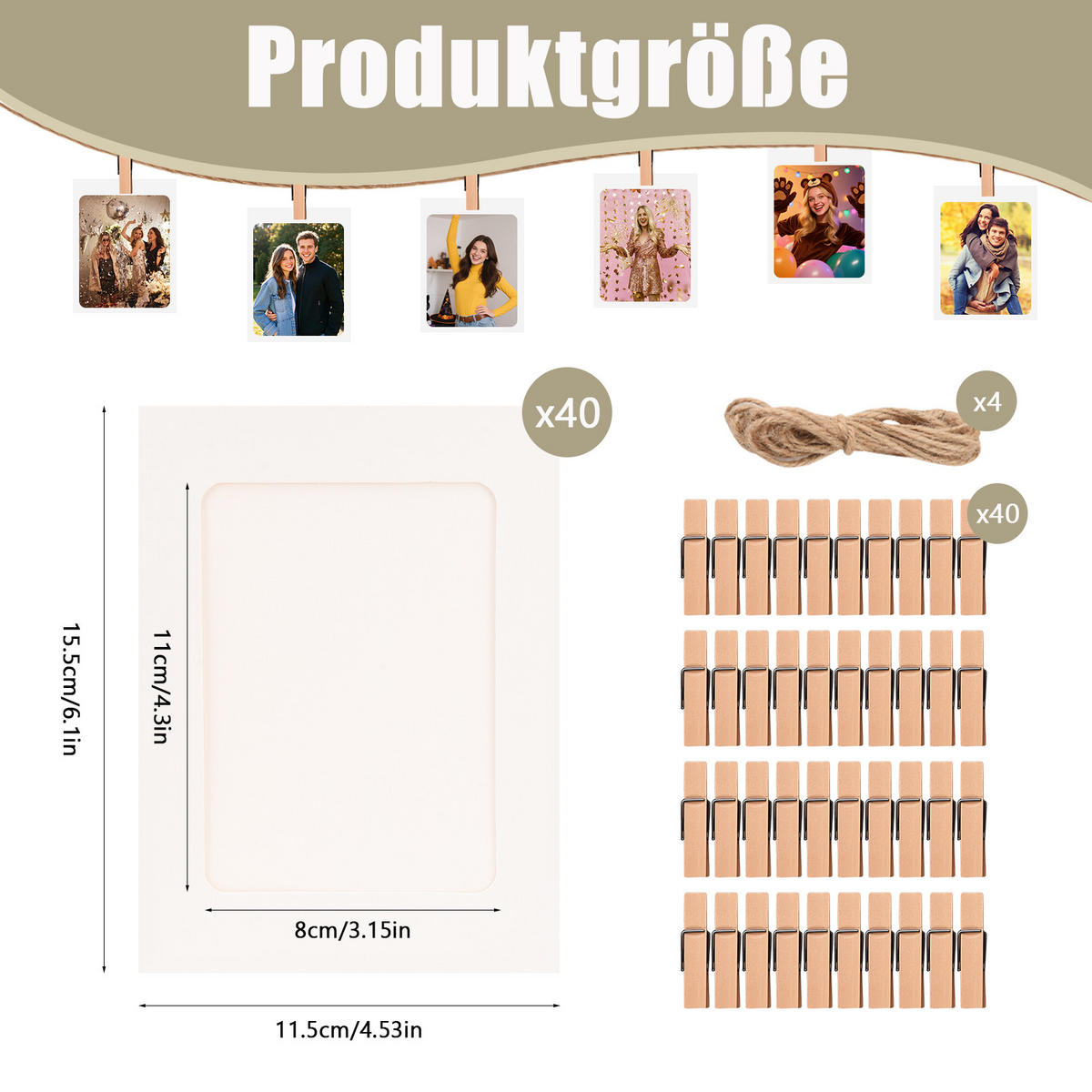 FOTOGIRLANDE 40 Fotos 11.5x15.5 cm mit Holzklammern DIY Wand Deko Hochzeit - Weiß, Karton (15.5/1/11.5cm)
